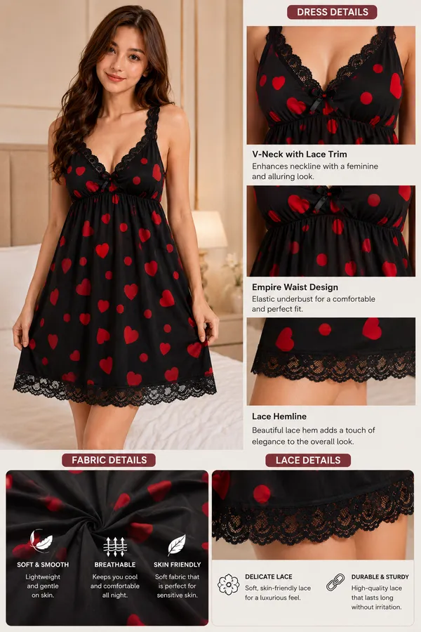 Black_Malai_Lace_Trim_Heart_Print_Nightwear_Dress_For_Women