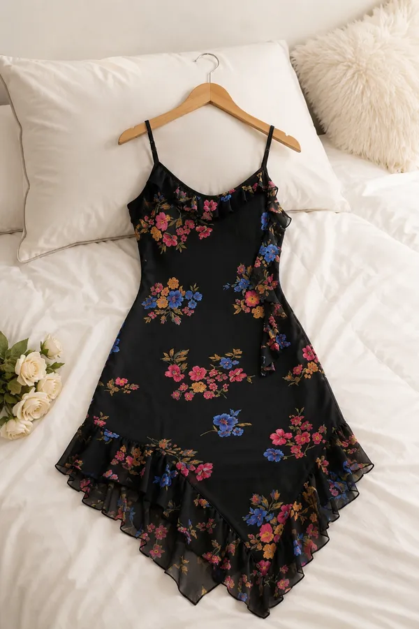 Black_Net_Floral_Print_Asymmetric_Hem_Slip_Dress_For_Women