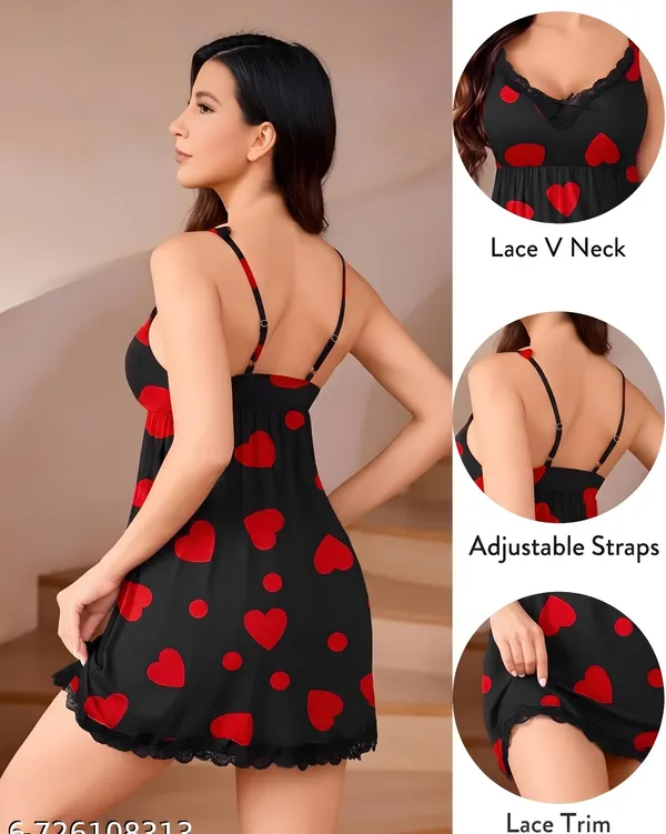 Black_Malai_Lace_Trim_Heart_Print_Nightwear_Dress_For_Women