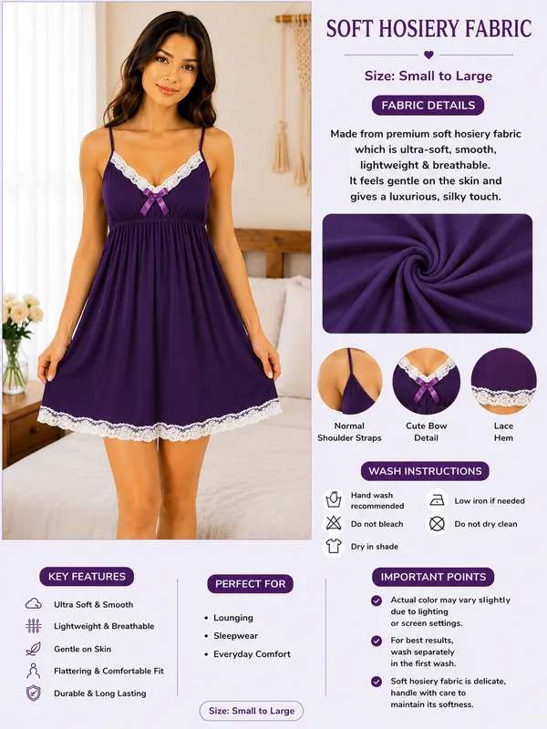 Purple_Satin_Lace_Trim_Babydoll_Nightdress_For_Women