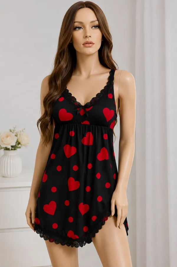 Black_Malai_Lace_Trim_Heart_Print_Nightwear_Dress_For_Women