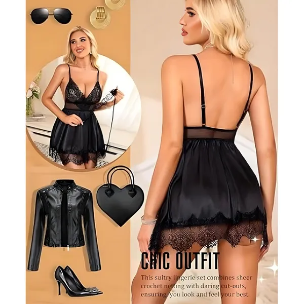 Black_Satin_Lace_Trim_Short_Nightwear_Dress_For_Women