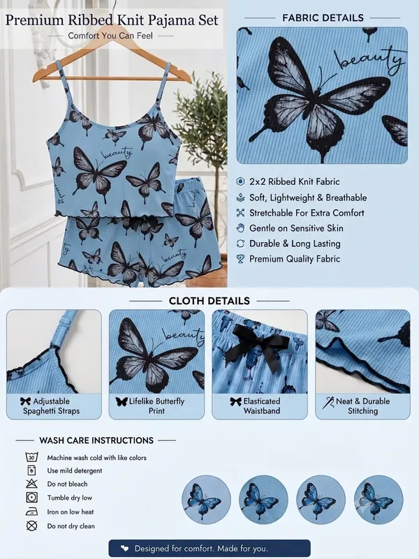 Blue_Ribbed_Butterfly_Print_Cami_Top_Shorts_Pajama_Set_For_Women