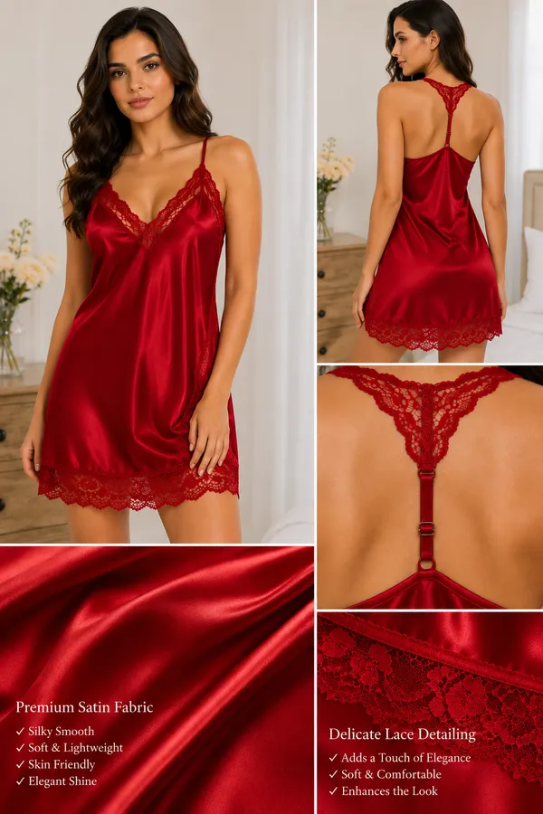 Red_Satin_Lace_Trim_Chemise_Nightdress_For_Women