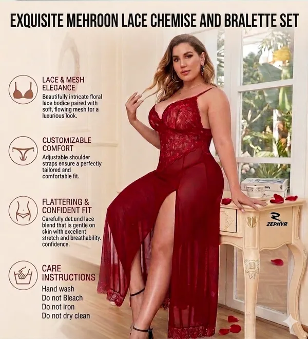 Red_Lace_Net_Chemise_Bralette_Lingerie_Set_For_Women