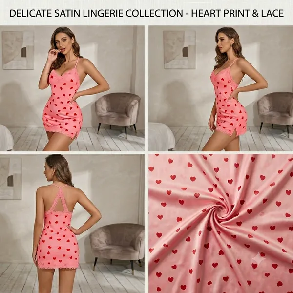 Pink_Satin_Heart_Print_Lace_Trim_Chemise_For_Women