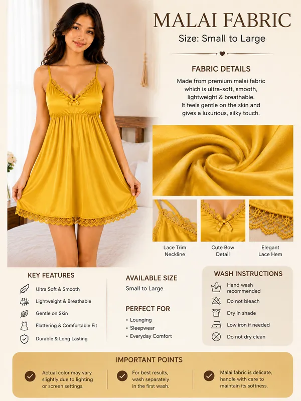 Yellow_Malai_Lace_Trim_Babydoll_Nightdress_For_Women