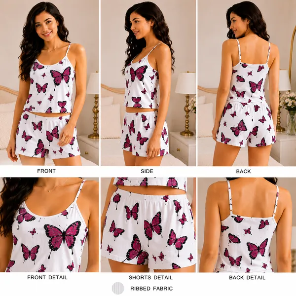White_Ribbed_Butterfly_Print_Cami_Top_Shorts_Sleepwear_Set_For_Women