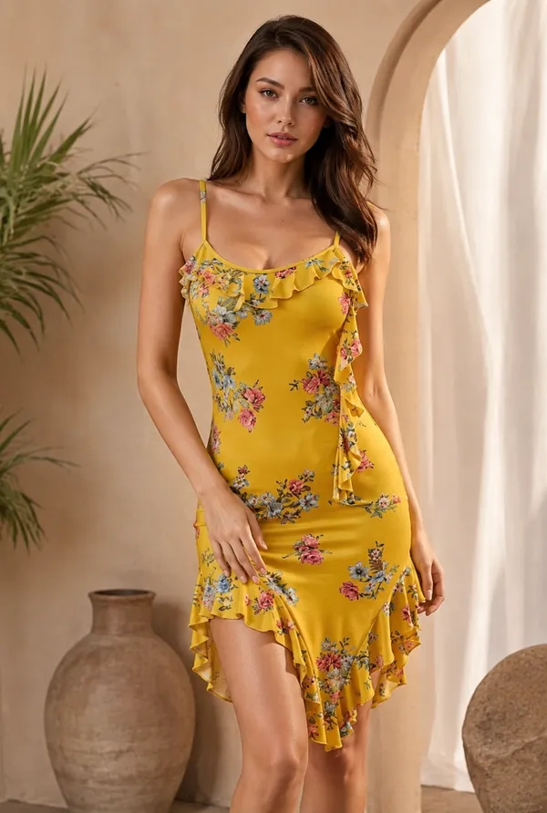 Yellow_Floral_Print_Net_Ruffle_Bodycon_Dress_For_Women