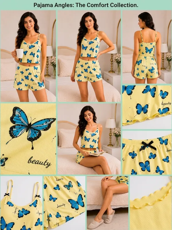 Yellow_Ribbed_Butterfly_Print_Cami_Top_Shorts_Sleepwear_Set_For_Women