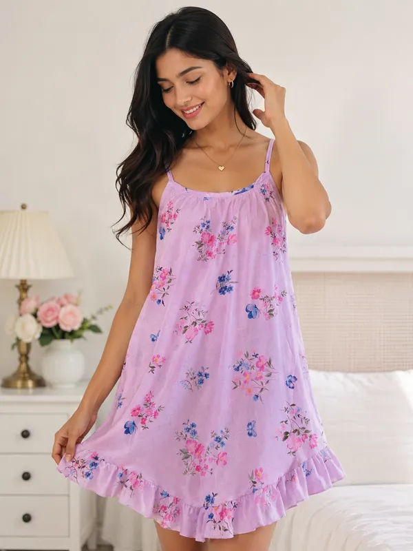 Lavender_Net_Floral_Print_Ruffle_Nightdress_For_Women