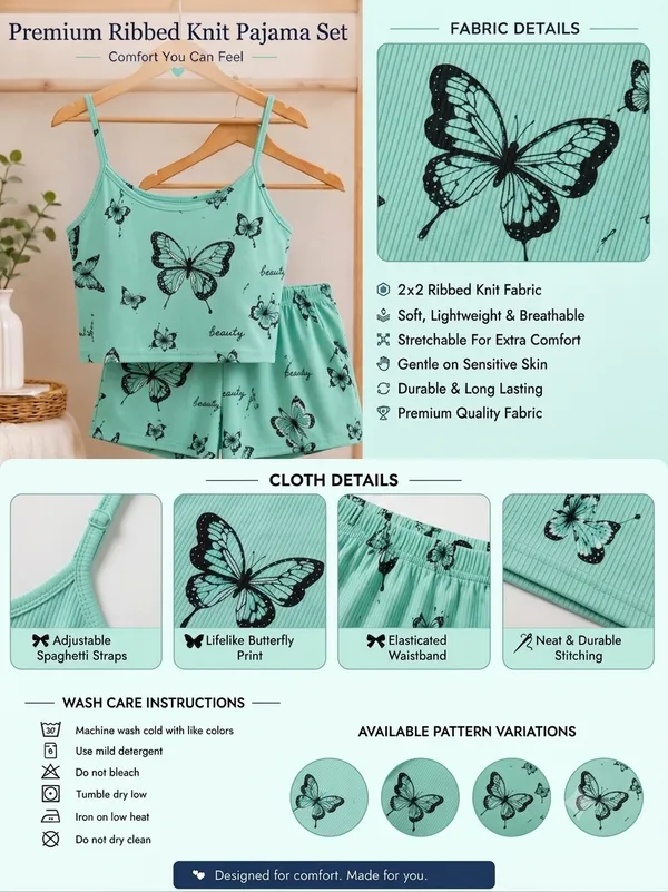 Mint_Green_Ribbed_Butterfly_Print_Cami_Top_Shorts_Pajama_Set_For_Women