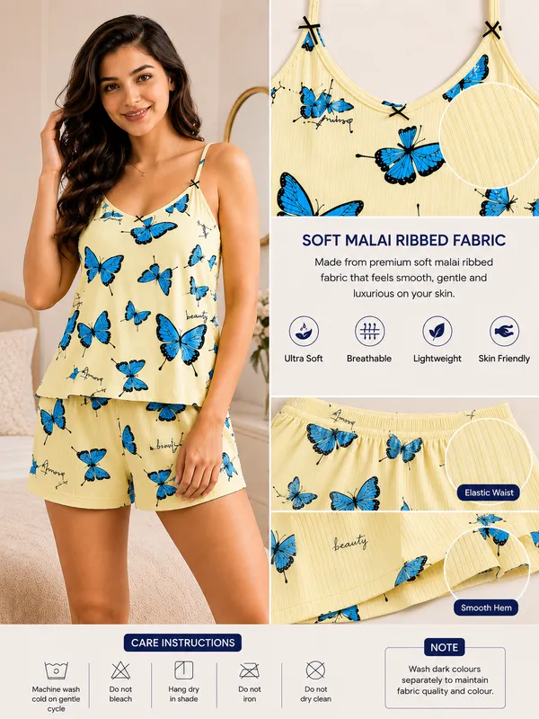 Yellow_Ribbed_Butterfly_Print_Cami_Top_Shorts_Sleepwear_Set_For_Women