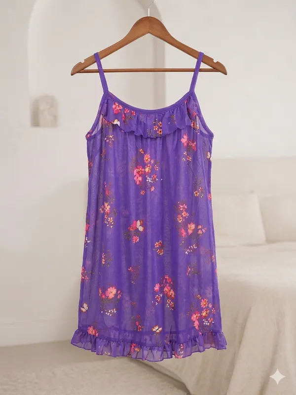 Purple_Floral_Print_Net_Sleeveless_Nightdress_For_Women