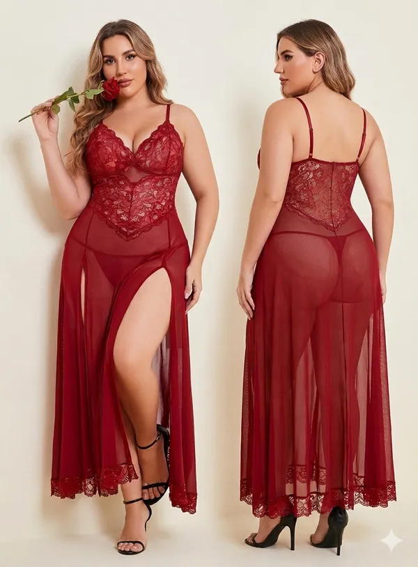 Red_Lace_Net_Chemise_Bralette_Lingerie_Set_For_Women