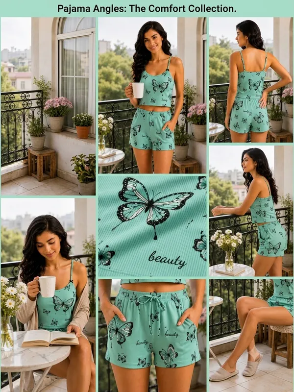 Mint_Green_Ribbed_Butterfly_Print_Cami_Top_Shorts_Pajama_Set_For_Women