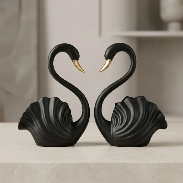 Resin_Decorative_Swan_Figurine_Set_Black_Gold_Shell_Body