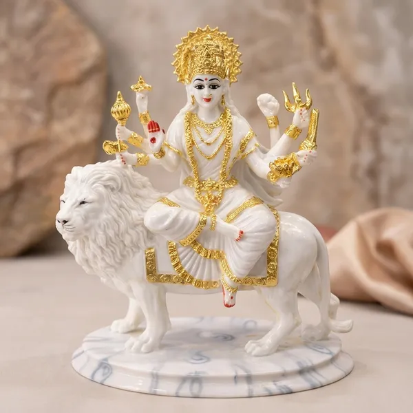 Dust_Marble_Devotional_Goddess_Durga_Riding_Lion_Idol_White_Gold