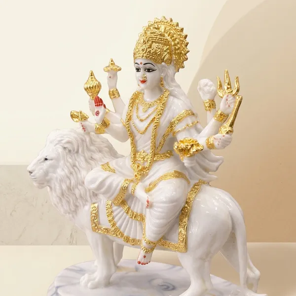 Dust_Marble_Devotional_Goddess_Durga_Riding_Lion_Idol_White_Gold
