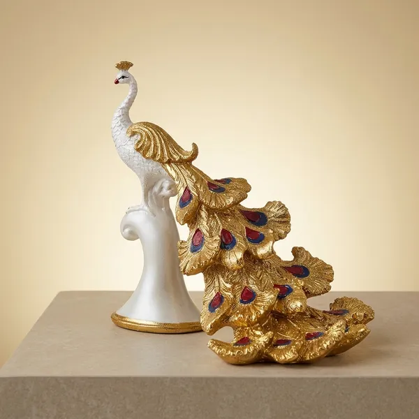 Resin_Decorative_White_Gold_Peacock_Figurine