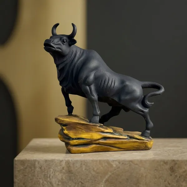 Resin_Decorative_Charging_Bull_Figurine_Black_On_Golden_Base