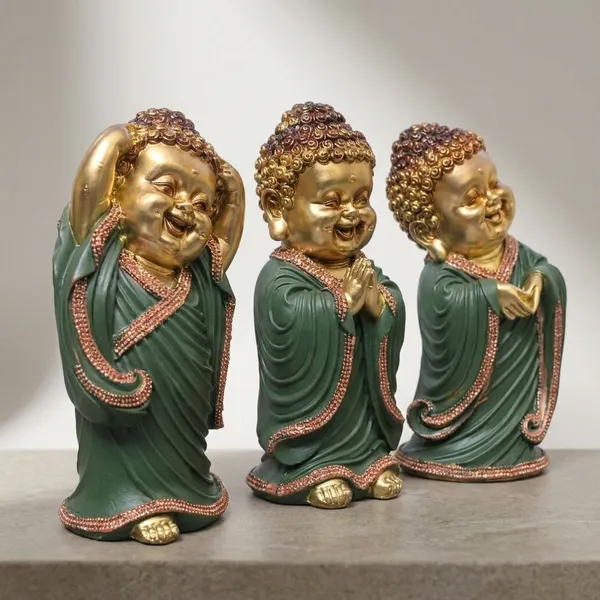 Resin_Decorative_Golden_Green_Laughing_Buddha_Idol_Set_Of_3