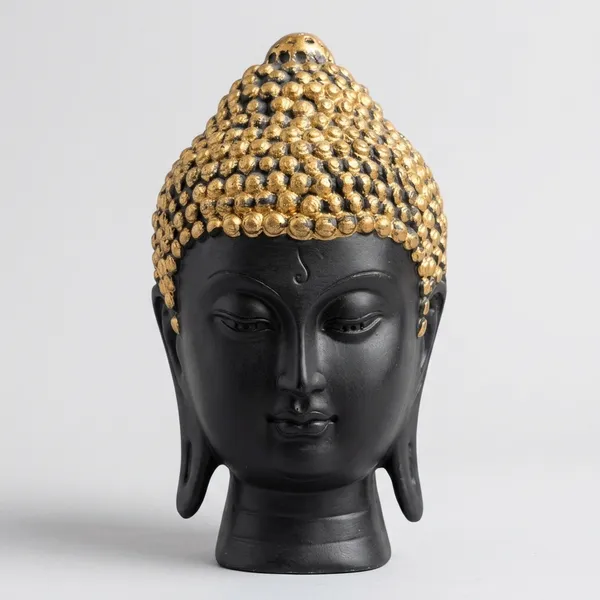 Resin_Decorative_Buddha_Head_And_Bull_Statue_Set_Black_Gold