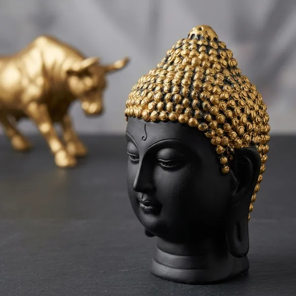 Resin_Decorative_Buddha_Head_And_Bull_Statue_Set_Black_Gold