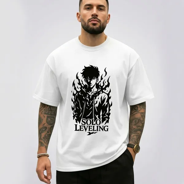 White_Pure_Cotton_Solo_Leveling_Printed_Crew_Neck_T-Shirt_For_Men