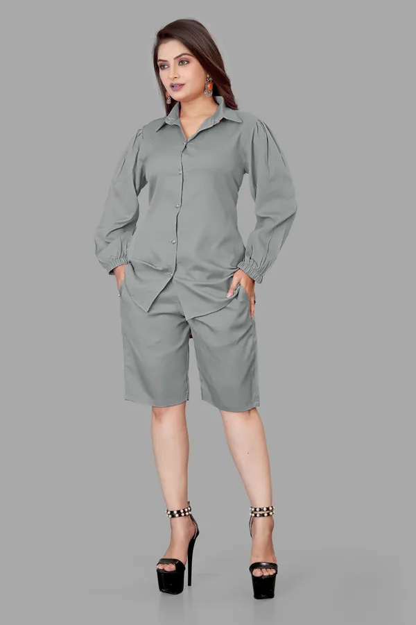 Grey_Polycotton_Regular_Shirt_Shorts_Co-Ords_Set_For_Women