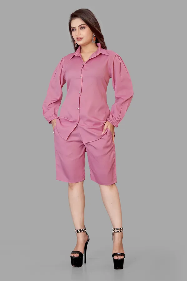 Pink_Polycotton_Regular_Shirt_Shorts_Co-Ord_Set_For_Women