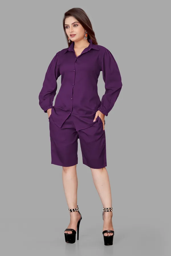 Purple_Polycotton_Regular_Shirt_Shorts_Co-Ords_Set_For_Women