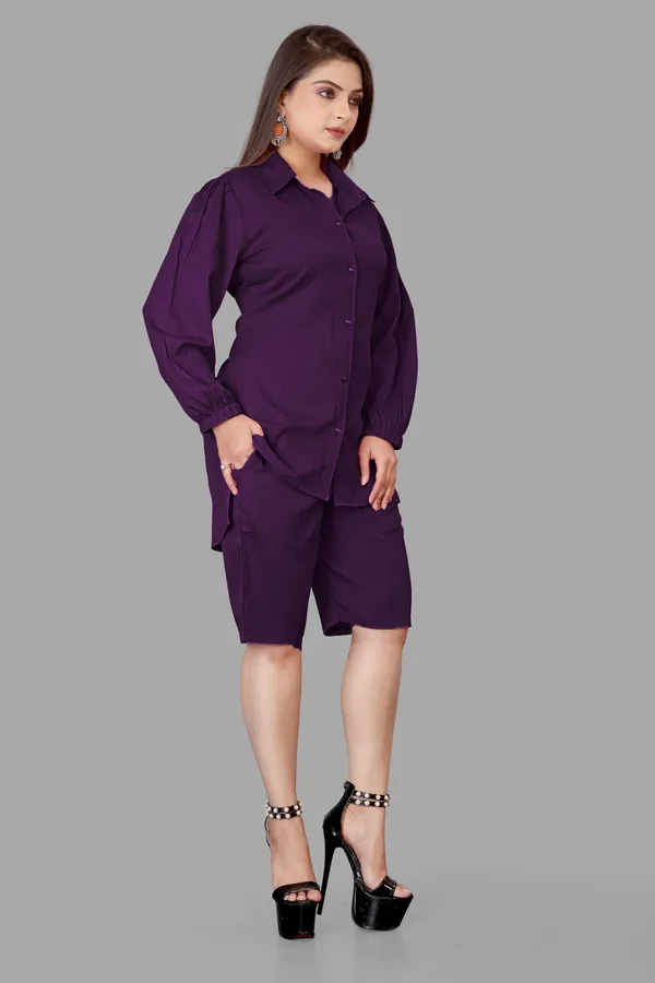 Purple_Polycotton_Regular_Shirt_Shorts_Co-Ords_Set_For_Women