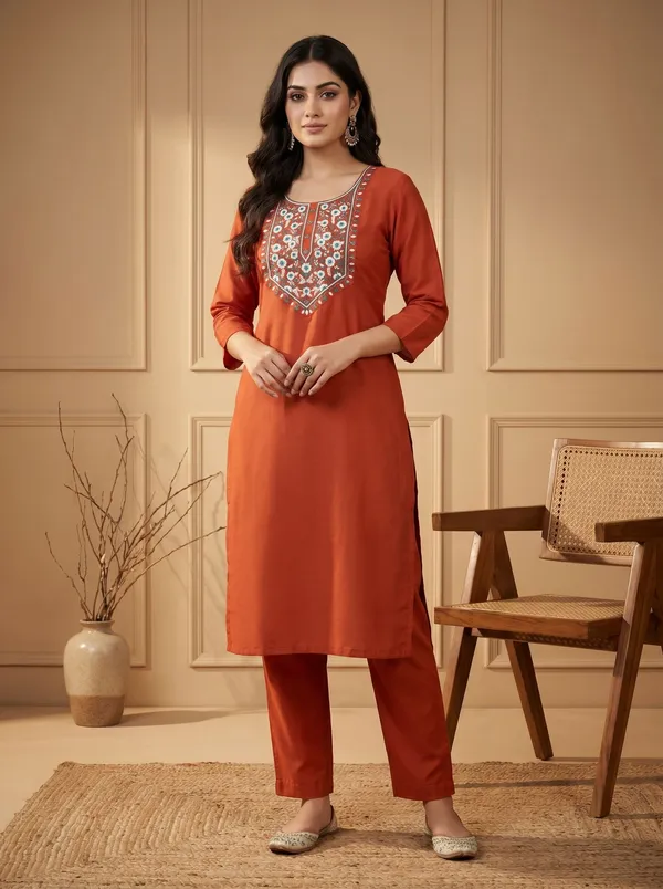 Orange_Silk_Embroidered_Kurta_Pant_Set_For_Women