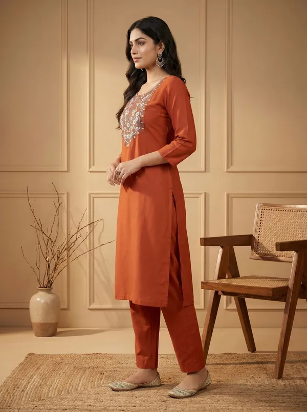 Orange_Silk_Embroidered_Kurta_Pant_Set_For_Women