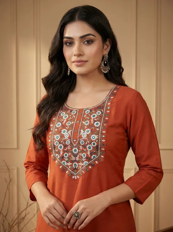 Orange_Silk_Embroidered_Kurta_Pant_Set_For_Women