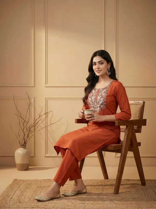 Orange_Silk_Embroidered_Kurta_Pant_Set_For_Women