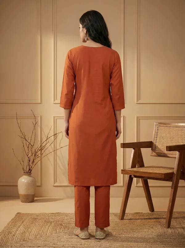 Orange_Silk_Embroidered_Kurta_Pant_Set_For_Women