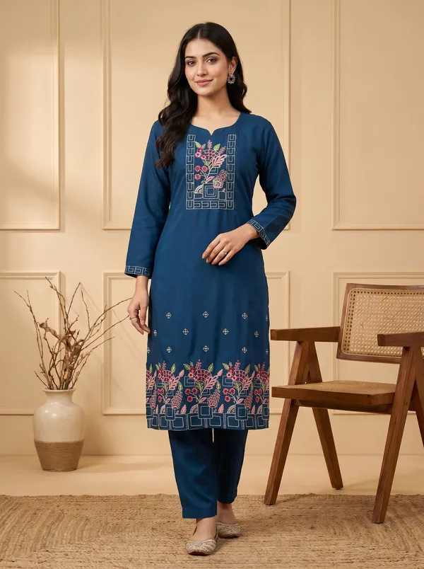 Dark_Blue_Silk_Embroidered_Kurta_Pant_Set_For_Women