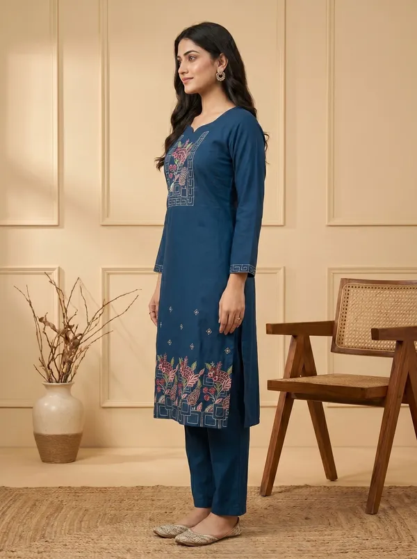 Dark_Blue_Silk_Embroidered_Kurta_Pant_Set_For_Women
