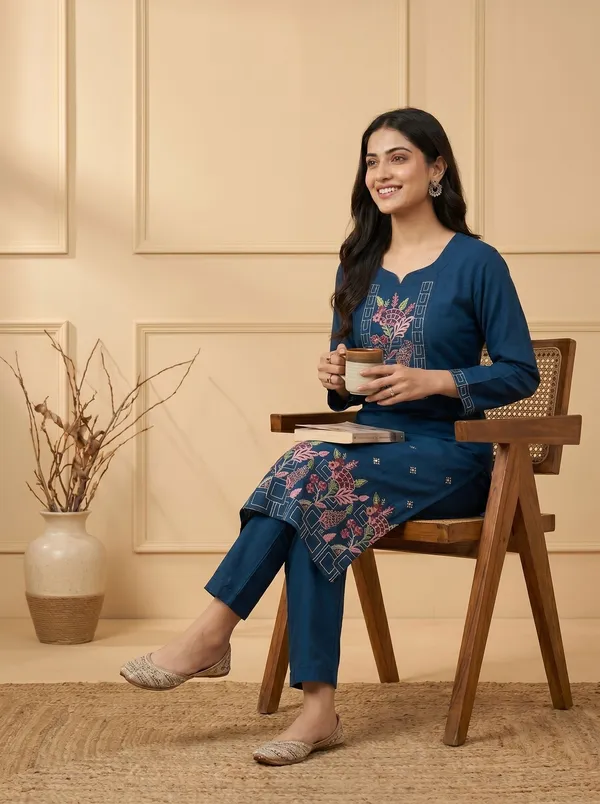 Dark_Blue_Silk_Embroidered_Kurta_Pant_Set_For_Women