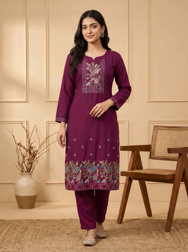 Maroon_Silk_Embroidered_Kurta_Pant_Set_For_Women