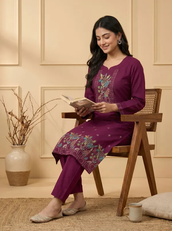 Maroon_Silk_Embroidered_Kurta_Pant_Set_For_Women