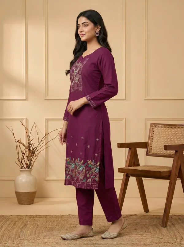 Maroon_Silk_Embroidered_Kurta_Pant_Set_For_Women