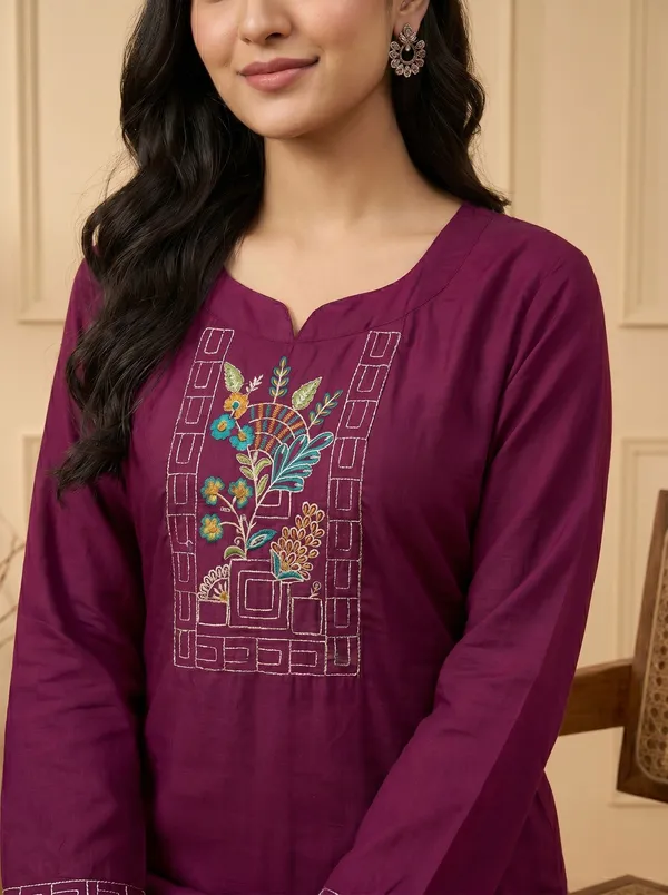Maroon_Silk_Embroidered_Kurta_Pant_Set_For_Women
