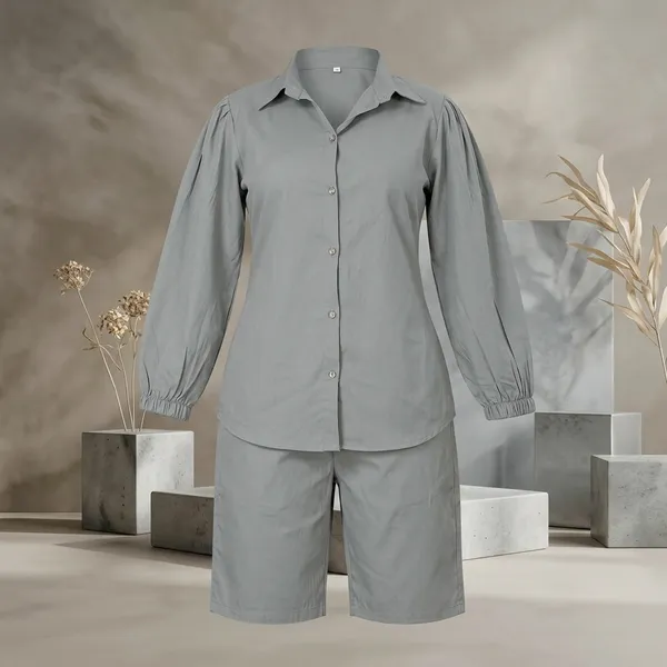 Grey_Polycotton_Regular_Shirt_Shorts_Co-Ords_Set_For_Women