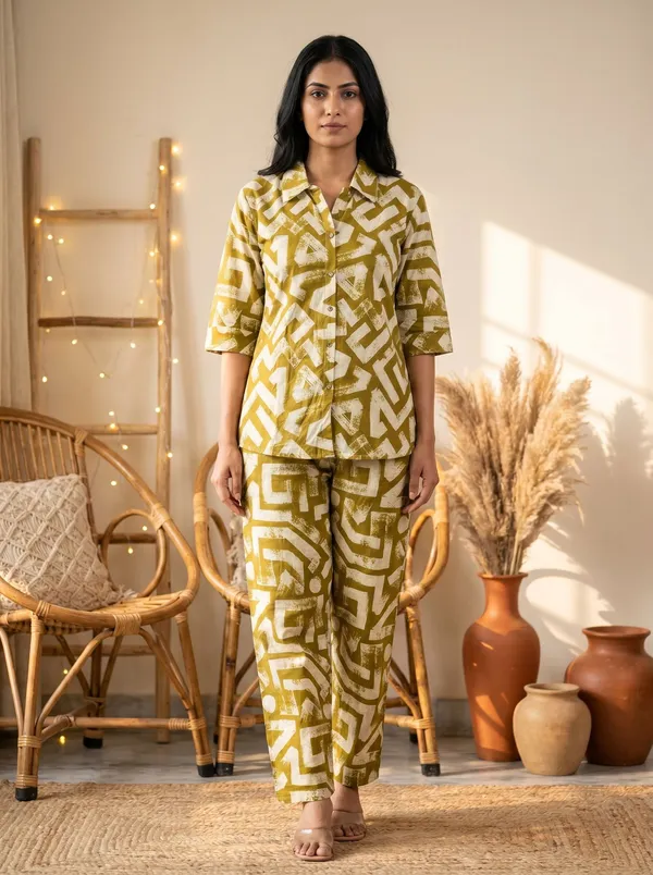 Beige_And_Yellow_Cotton_Blend_Premum_Co-Ords_For_Women