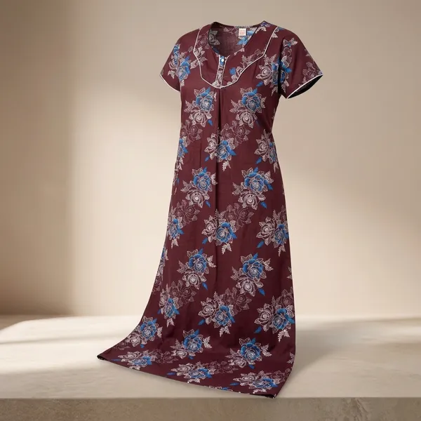 Maroon_Cotton_Floral_Printed_Nighty_For_Women