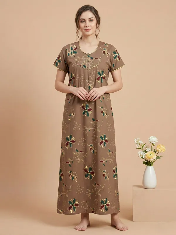 Brown_Cotton_Printed_Nighty_For_Women