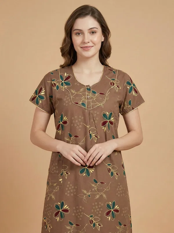 Brown_Cotton_Printed_Nighty_For_Women